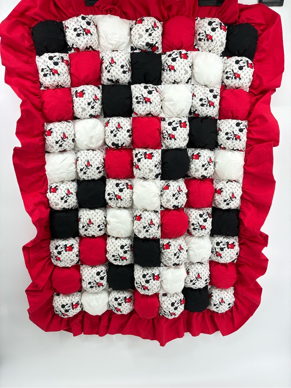 Red, Black & White Patchwork Puff Throw Crib Blanket with Mickey Mouse Print
